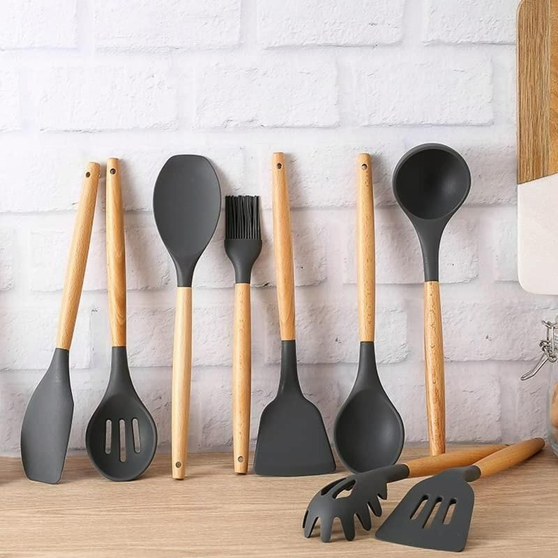 Premium 11 PCS Silicone Cooking Utensils Set with Wooden Handles + Holder