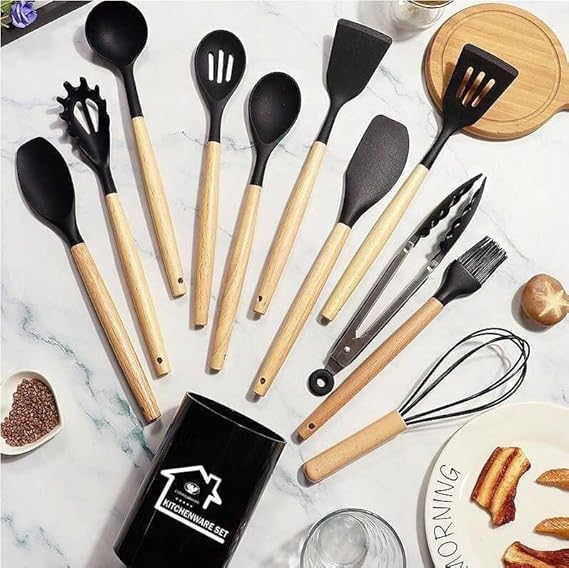 Premium 11 PCS Silicone Cooking Utensils Set with Wooden Handles + Holder