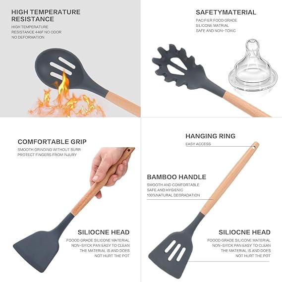 Premium 11 PCS Silicone Cooking Utensils Set with Wooden Handles + Holder