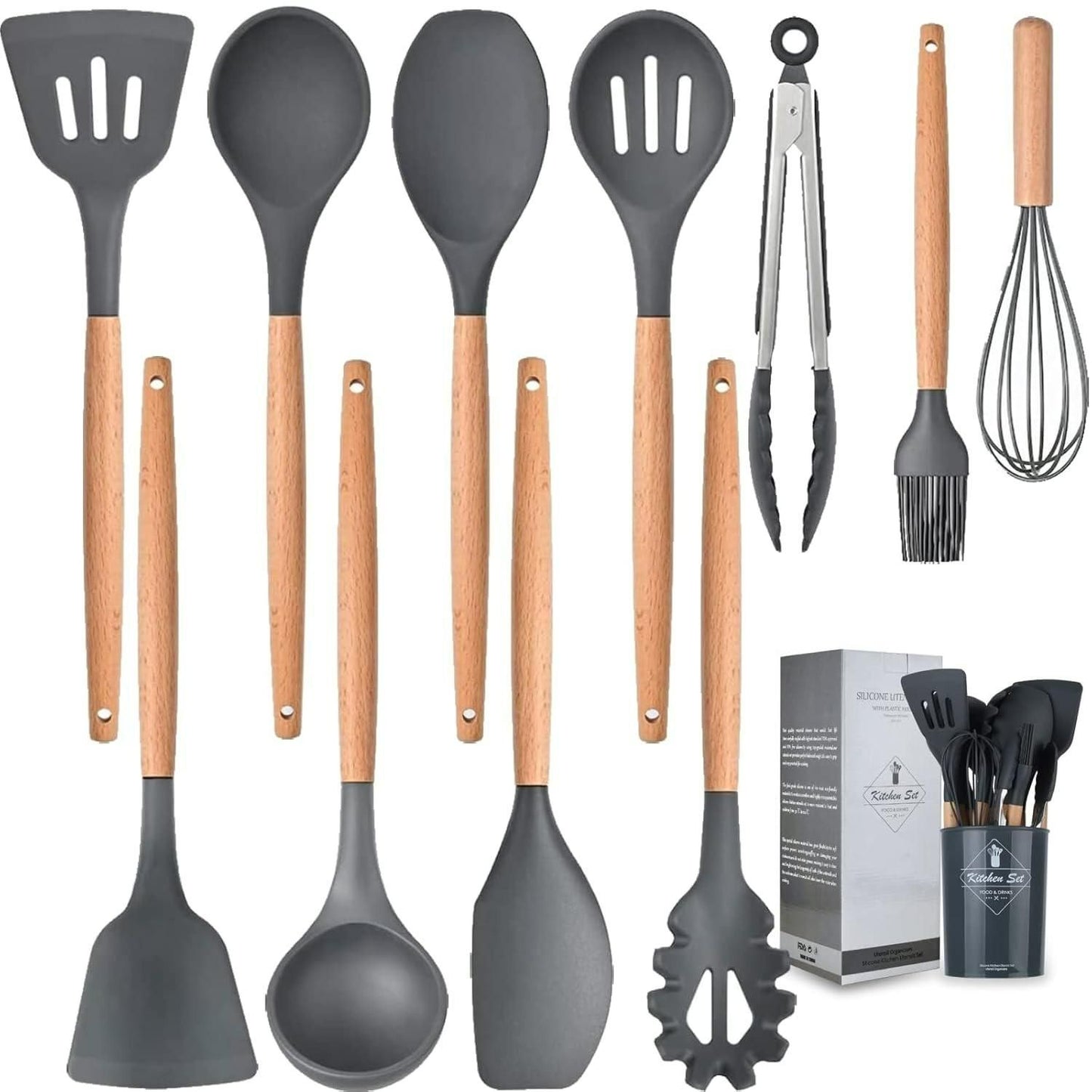 Premium 11 PCS Silicone Cooking Utensils Set with Wooden Handles + Holder