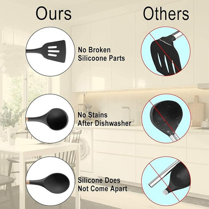 Premium 11 PCS Silicone Cooking Utensils Set with Wooden Handles + Holder