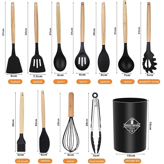 Premium 11 PCS Silicone Cooking Utensils Set with Wooden Handles + Holder