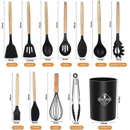 Premium 11 PCS Silicone Cooking Utensils Set with Wooden Handles + Holder