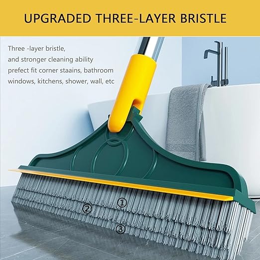 2-in-1 Long Handle Hard-Stain Bathroom/Tiles Scrubber with Built-In Wiper