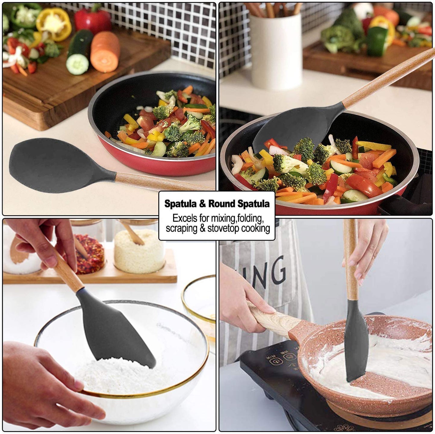 Premium 11 PCS Silicone Cooking Utensils Set with Wooden Handles + Holder
