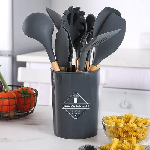 Premium 11 PCS Silicone Cooking Utensils Set with Wooden Handles + Holder