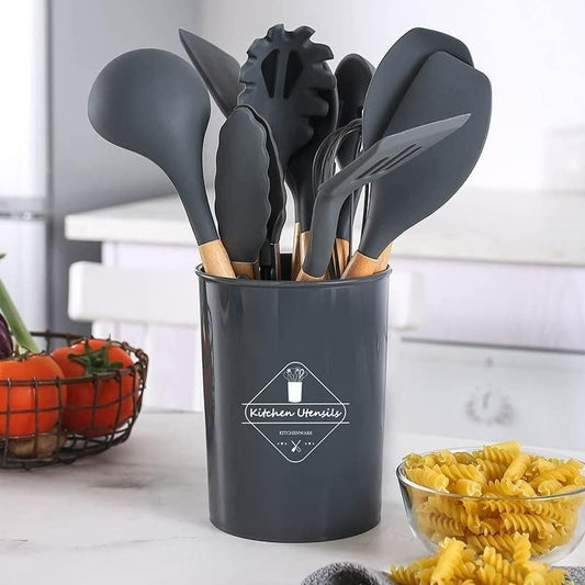 Premium 11 PCS Silicone Cooking Utensils Set with Wooden Handles + Holder